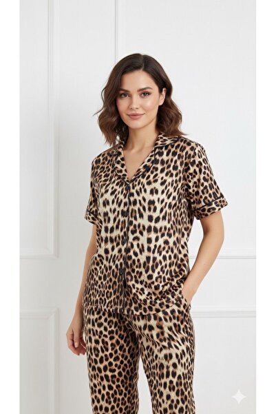 Pimody Women's Front Buttoned Bamboo Leopard Short Sleeve Pajama Set