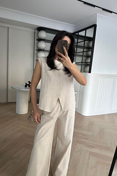 JANES Women's Linen Fabric Asymmetrical Cut Blouse and Loose Trousers Two-Pie...