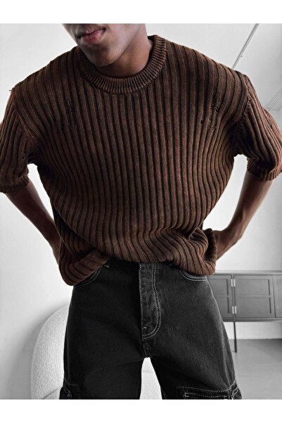 elkumoda Retro Oversize Vintage Detailed Ribbed Knitwear T-Shirt Vintage Wash...