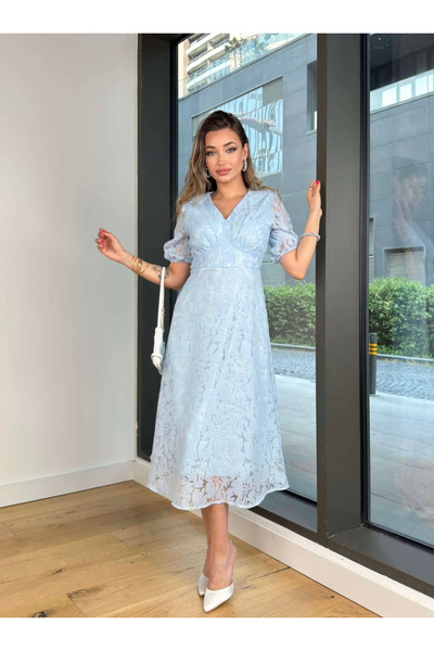 Dilek Vardar Bebe Mavi V Yaka Dantel Detaylı Midi Elbise