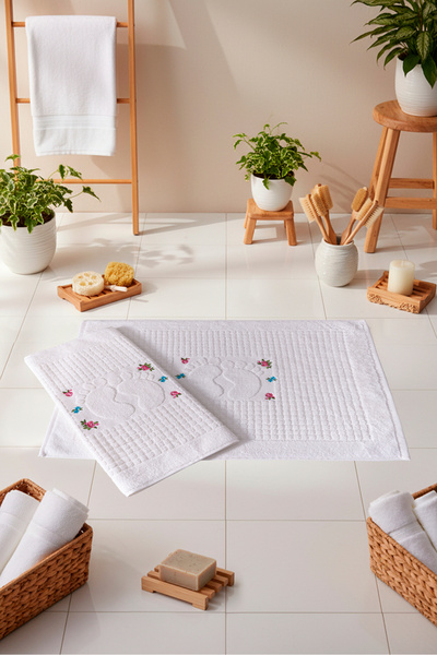 VELANORA HOME Set of 2 Embroidered 100% Cotton Bath Foot Towels 50X80 cm Soft...