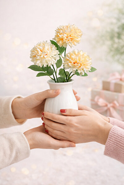 ELZI ATÖLYE Doğal Görünümlü Yapay Krem Krizantem Çiçeği 3 Dallı – 60 cm