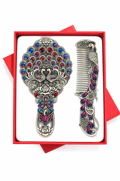 MD Moda Accessories Tavus Kuşu Motifli Renkli Taşlı Vintage El Aynası ve Tara...