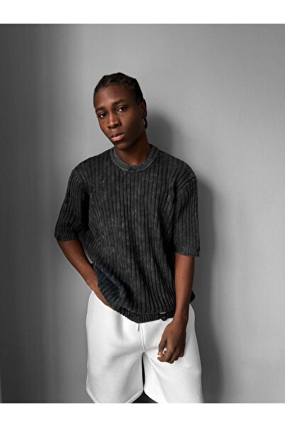 elkumoda Retro Oversize Eskitme Detaylı Fitilli Triko Tişört Vintage Yıkamalı...