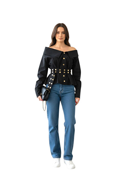 Kedi Fashion Omuz Detaylı Kemerli Siyah Poplin Gömlek Ceket