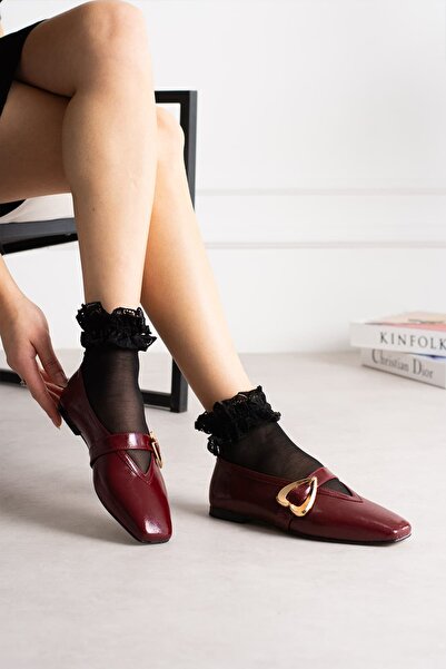 diclepolat Rosalin Gold Heart Buckle Detailed Blunt Toe Women's Ballerinas - ...