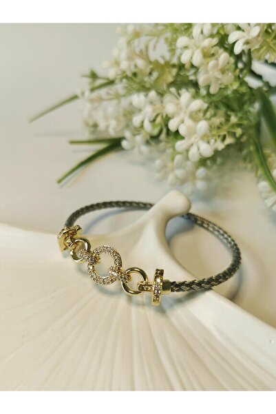 Halley Concept Zircon Stone Stainless Steel Lock Detailed Braided Bracelet