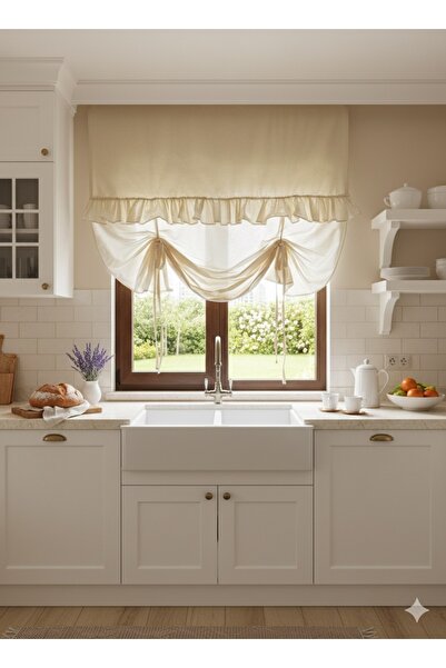 White Alamode Rustic Design Ruffle Detailed Linen Blend Curtain
