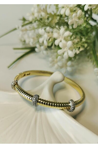 Halley Concept Gold Steel Handcuff Bracelet with Zircon Stone Detail