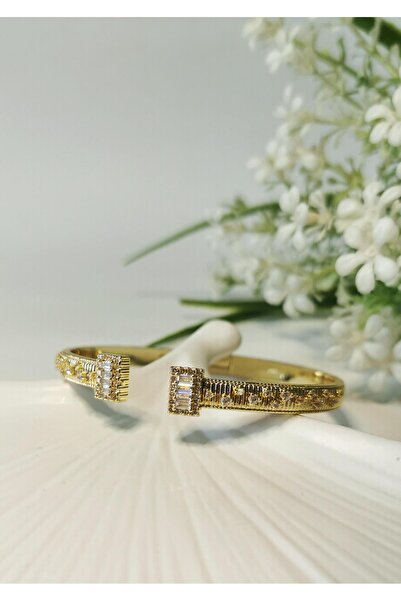 Halley Concept Baguette Zircon Stone Detailed Gold Steel Handcuff Bracelet