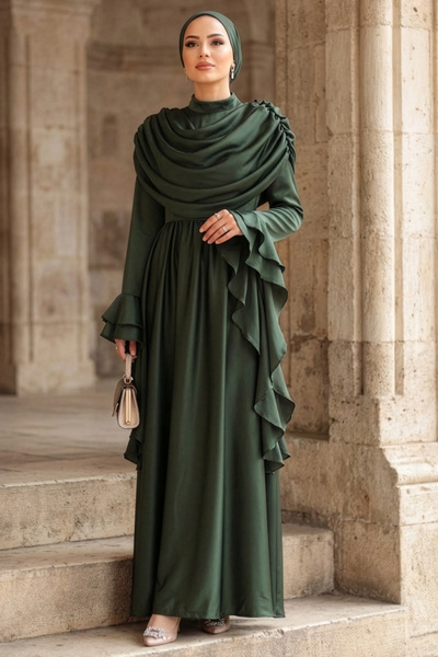 N.S NEVA STYLE Satin Khaki Hijab Evening Dress 55461Hk