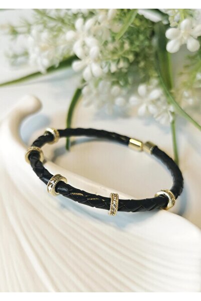 Halley Concept Zircon stone detailed gold knitted leather bracelet black
