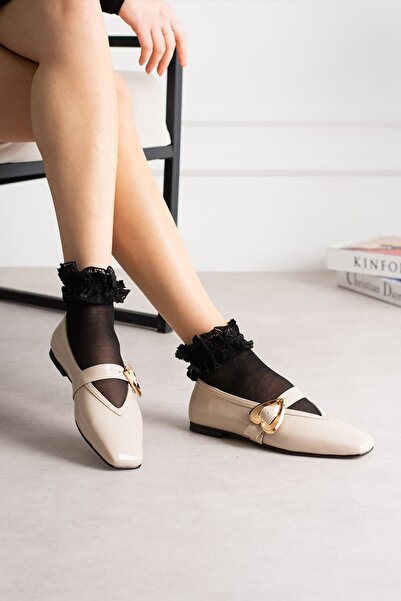 diclepolat Rosalin Gold Heart Buckle Detailed Blunt Toe Women's Ballerinas - ...