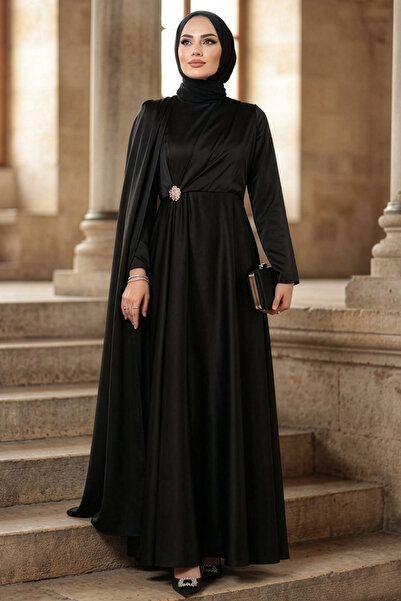 N.S NEVA STYLE Black Hijab Satin Evening Dress with Cape Detail 4884S