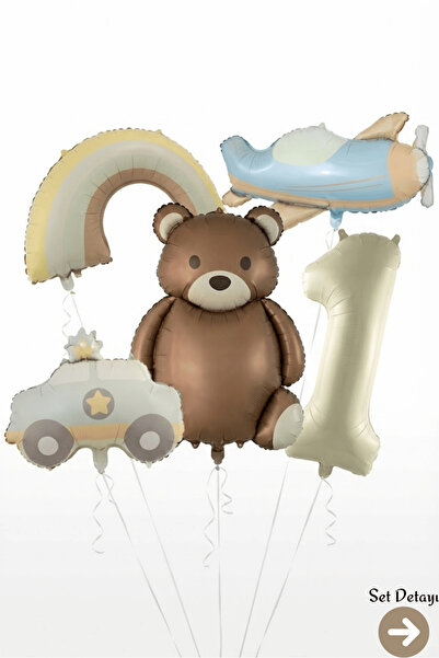 Bunloon 1 Yaş Ayıcık Uçak Gökkuşağı Temalı Folyo Balon Set Süs Dekoru