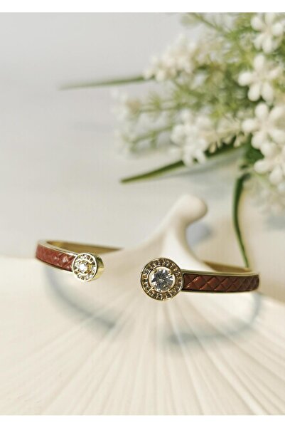 Halley Concept Zircon Stone Gold Steel Handcuff Bracelet Light Brown