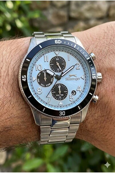 Slazenger 41mm Dual Time Men's Wristwatch |   Silver Color Steel Cord, Minera...