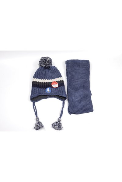 N@zence Baby Knitted Beanie Scarf Set with Pompom, Fleece Lined Navy Blue 12-24 Months 1-2 Years