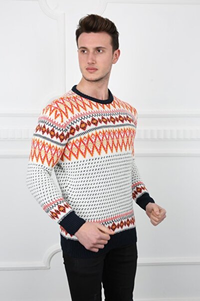 DGSTYL3 Dot Patterned White Sweater Thick Winter Casual Knitwear Sweater