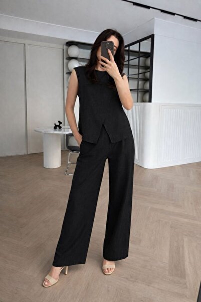 FRESCO SCARFS Women's Linen Fabric Asymmetrical Cut Blouse and Loose Trousers...