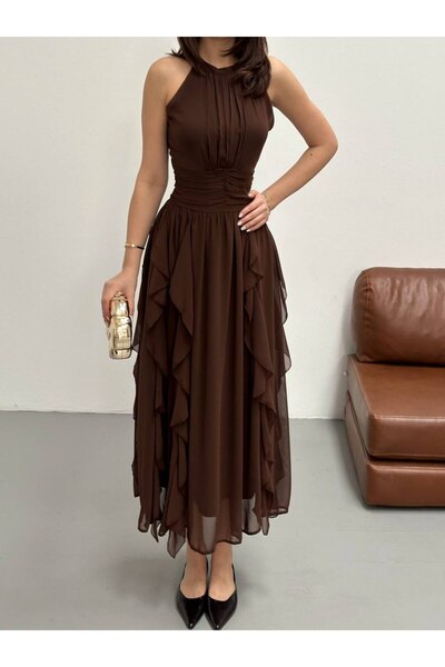 asyadabutik Kadın Halter Yaka Belden Oturmalı Astarlı Midi Boy Şifon Elbise