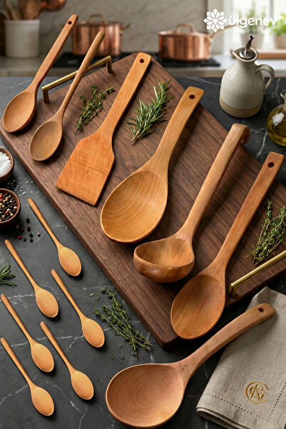 Ülgenev 13 Parça Bambu Mutfak Seti Çeyizlik Kepçe Spatula Pilav Servis Sos Ka...