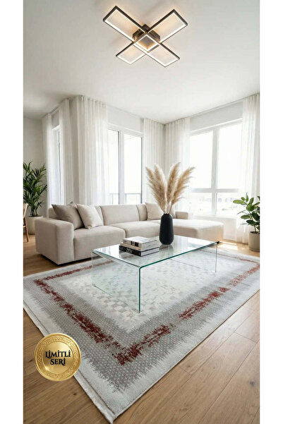 Halı Prime PR008 Gri Kiremit Çerçeveli Damalı Toz Yapmaz Halı 160x230