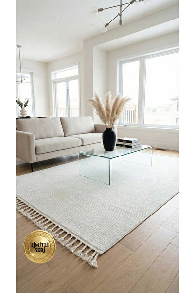 Zev Halı Prime PR019 Krem Düz Sade Mikrofiber Püsküllü Yumuşak Halı 160x230