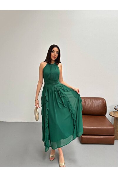 asyadabutik Rochie de damă din șifon, cu guler halter, talie marcată, căptuși...