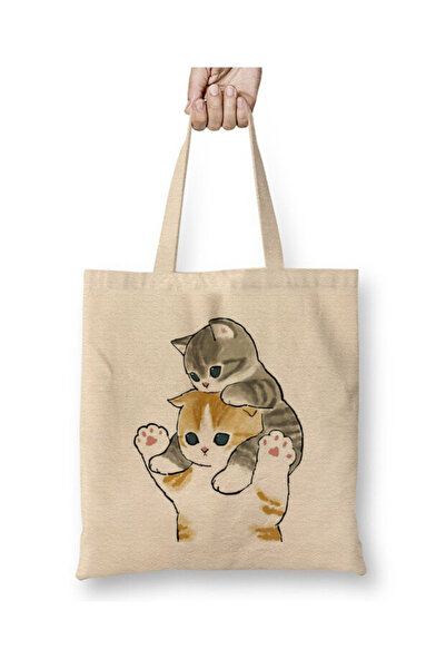 Toyaso Τσάντα για ψώνια με μακριά λαβή από λευκό ύφασμα Spoiled Cats, Τσάντα ...