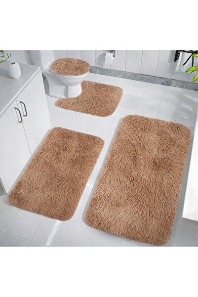 BEĞENDİ HOME Kaymaz Taban Yıkanabilir Kahverengi Shaggy 4’lü Banyo Halı Paspa...