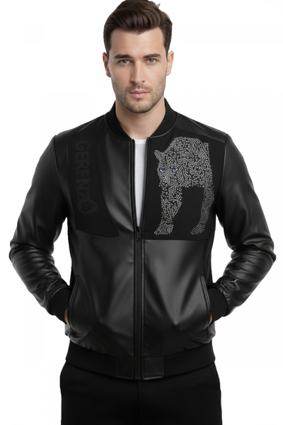 DeepSEA Ανδρικό μπουφάν από συνθετικό δέρμα με μαύρη πέτρα και κέντημα – Ριμπ...