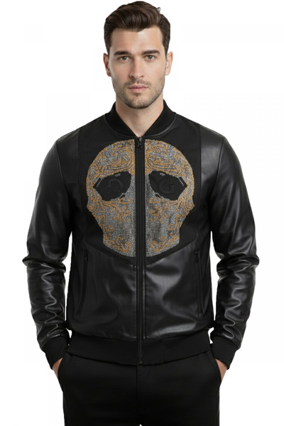 DeepSEA Ανδρικό Μαύρο Μπουφάν από Τεχνητό Δέρμα με Κέντημα Πέτρας – Μπουφάν μ...