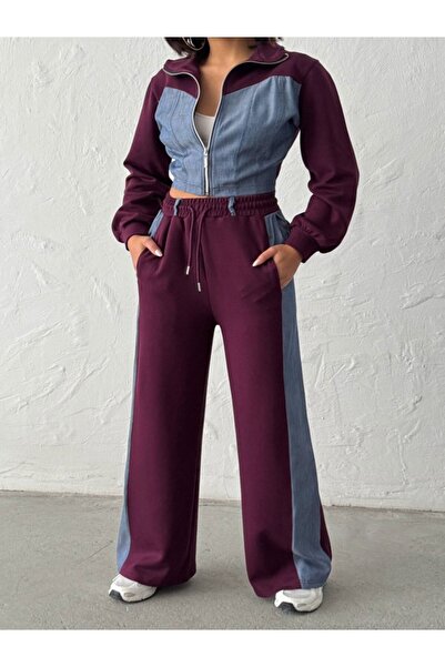 loia Women's Denim Garnished Soft Textured Jacket and Trousers Set Loi̇a26-Bc...