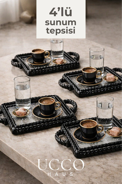 UCCO 4’lü Sunum Tepsisi - Dikdörtgen Türk Kahvesi Sunumluk Modern ve Şık Serv...