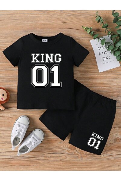 Kids Σετ μπλουζάκι και σορτς για κορίτσια και αγόρια με στάμπα King 01 σε μαύ...