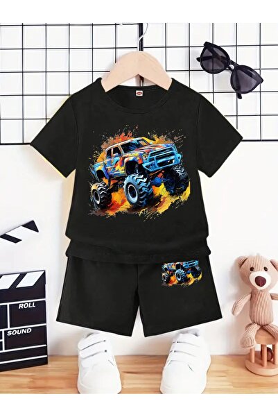 Kids Set de tricouri și pantaloni scurți negri pentru băieți, cu imprimeu 4x4...