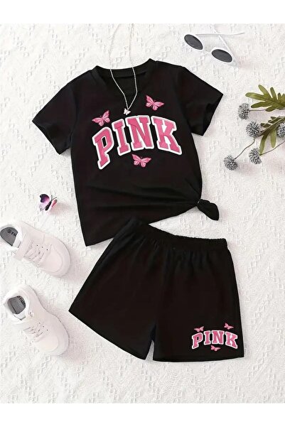Kids Set de vară pentru fete, cu imprimeu roz, pantaloni scurți negri și tricou