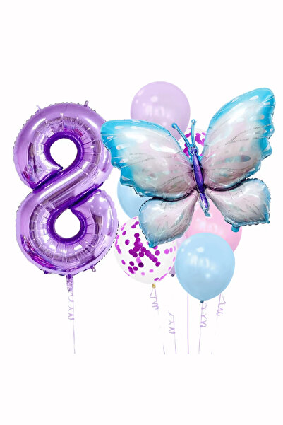 Bunloon 8 Year Old Purple Number Butterfly Themed Balloon Set Decoration