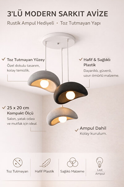 Sellor 3’lü Modern Sarkıt Avize 3D Led Ampul Dahil 25x20 cm Toz Tutmayan Hafi...