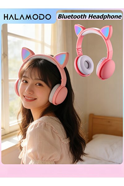 HALAMODO Kids Bluetooth Wireless Over-Ear Cat Ear Headphones LED Light Up Fol...