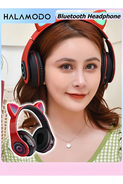 HALAMODO Kids Bluetooth Wireless Over-Ear Cat Ear Headphones LED Light Up Fol...