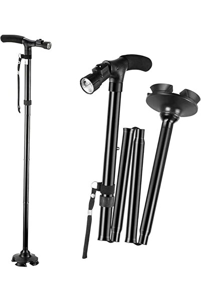 Arabest Folding Walking Cane, Adjustable Height, Black Aluminum, Quad Base fo...