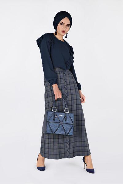 TRENDTESETTÜR KADIN GRİ (GRİ-SAKS) ÖNDEN DÜĞMELİ EKOSE ETEK 6296