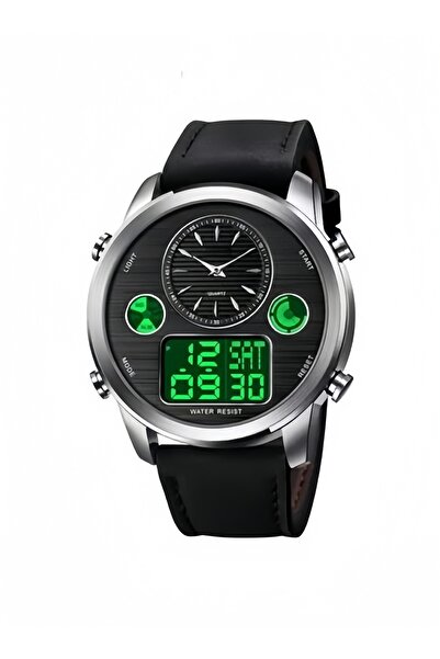 HALAMODO ساعة رجالية 1653 تايم سبورت تناظرية رقمية جلدية