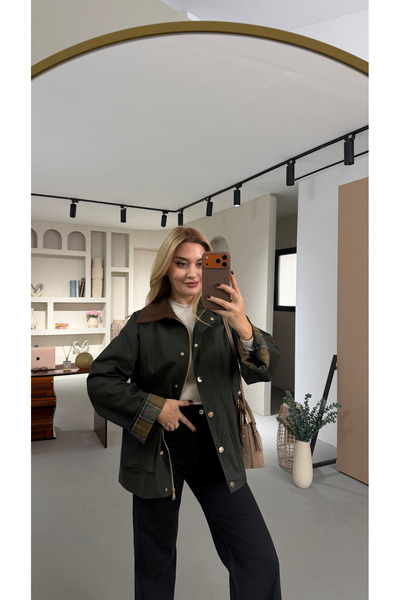 Sezgi Tekin Velvet Collar Detail Lining Plaid Khaki Trench Coat