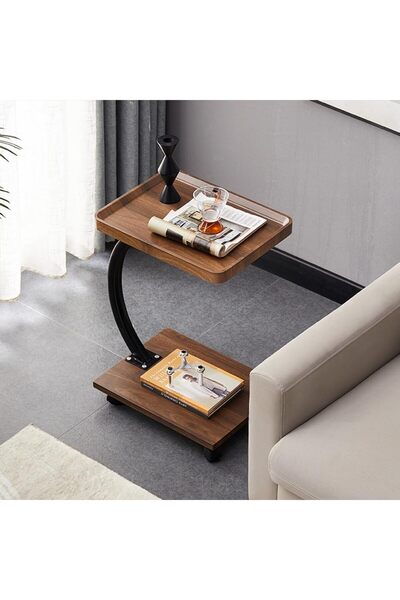 Ominii Tier End Table, Solid Wood C-Shaped Side Table, Sliding Small Coffee T...
