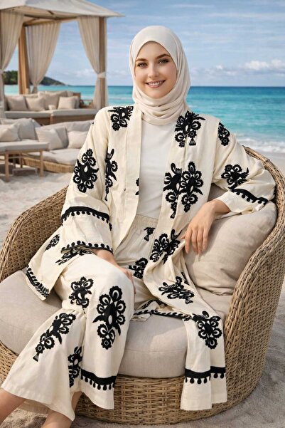 forte bella Patterned Top and Bottom Hijab Kimono Set
