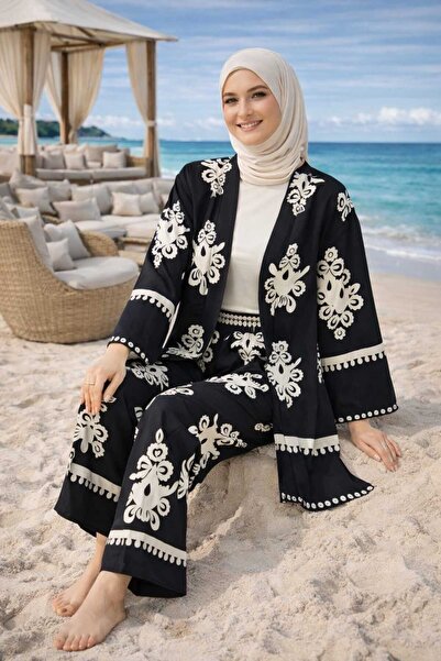 forte bella Patterned Top and Bottom Hijab Kimono Set