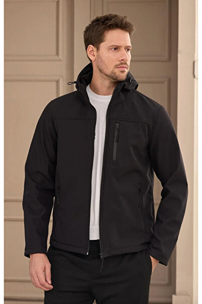 KD İş Giyim Softshell Siyah Mont Kapşonu Çıkarılabilir Su İtici Rüzgar Geçirmez